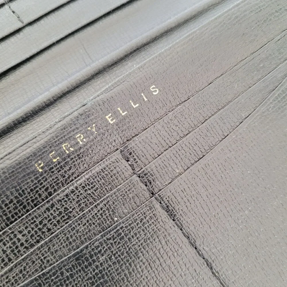 Perry Ellis Bifold Leather Black Wallet Long Slim Envelope Logo Card Check Holde